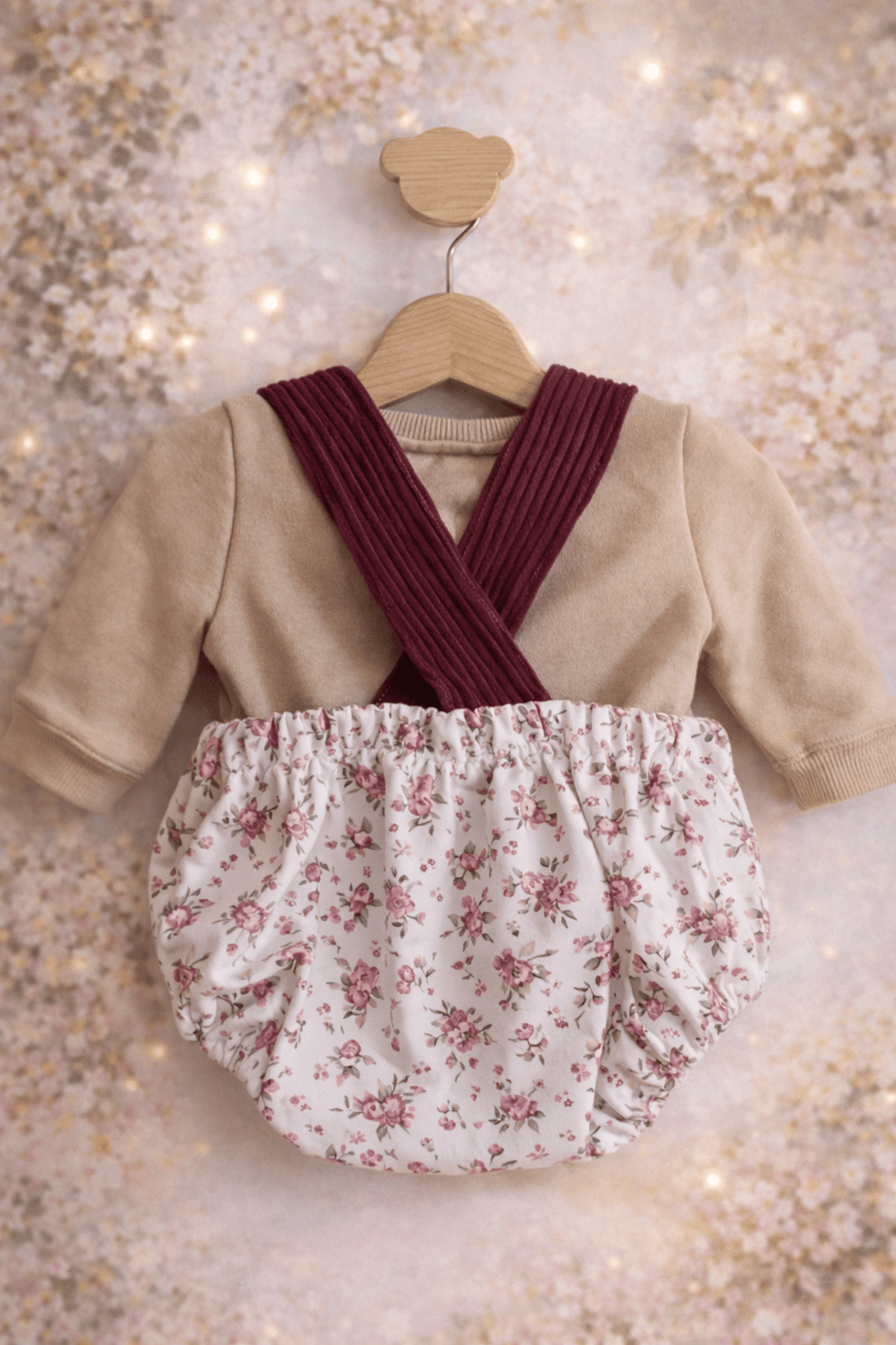 Peto de bebé en pana burdeos con detalle floral - 2